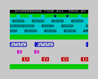 Road Frog (ZX Spectrum) screenshot: Caught by the current. The white border now represents the loss of a life.