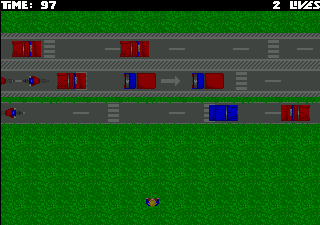 Claude's Runner (Amiga) screenshot: The crossing zones are purely there for decoration, the traffic does not stop for pedestrians. When all lives are lost the player is returned to the title screen