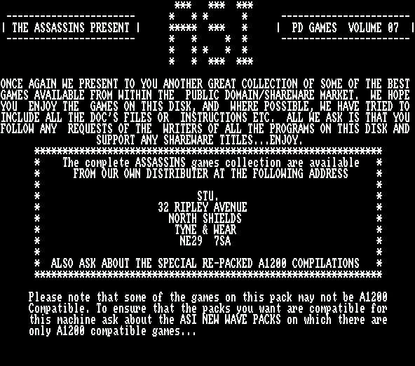 The Assassins: PD Games Volume 07 (Amiga) screenshot: The title screen<br>There's a short wait at this point as the compilation loads the menu screen