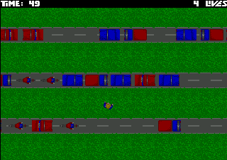 Claude's Runner (Amiga) screenshot: The game consists of three roads per screen though the position and direction of the traffic varies on each screen
