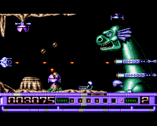 Slayer (Amiga) screenshot: Fighting the giant green dragon.