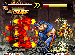 Kizuna Encounter: Super Tag Battle (Neo Geo) screenshot: Gordon takes advantage of the Evading technique and escapes accurately from Jyazu's move YouenKyaku.