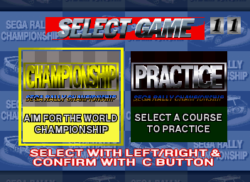 SEGA Rally Championship (SEGA Saturn) screenshot: Arcade mode selection - not much of a choice, huh.