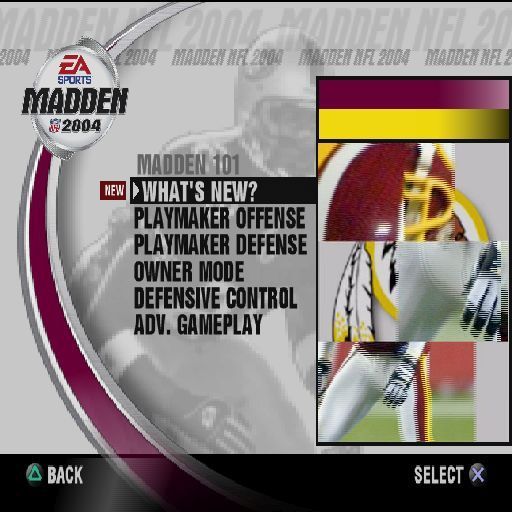 Madden NFL 2004 (PlayStation 2) screenshot: The Madden 101 option from the main menu takes the player to this screen. All these options are animated sequences illustrating the new options in this game