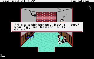 Leisure Suit Larry in the Land of the Lounge Lizards (Apple IIgs) screenshot: You find a drunk outside the toilet