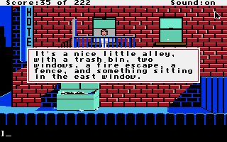 Leisure Suit Larry in the Land of the Lounge Lizards (Apple IIgs) screenshot: Outside is a nice little alley