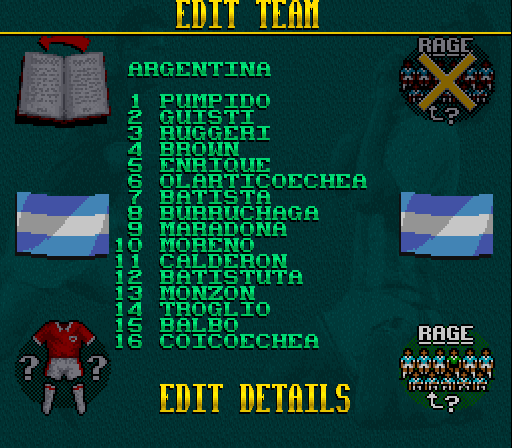 Elite Soccer (SNES) screenshot: Editing a team