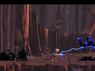 Heart of Darkness (PlayStation) screenshot: Warding off the waves of enemies.