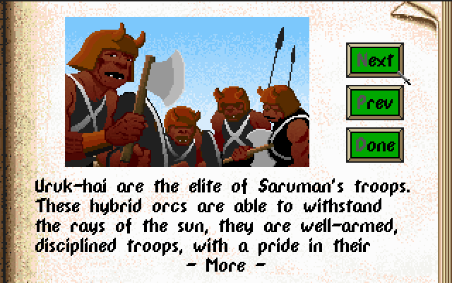 J.R.R. Tolkien's Riders of Rohan (DOS) screenshot: Learning about the different units in the game.