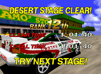 SEGA Rally Championship (SEGA Saturn) screenshot: In championship mode you have no hope of finishing the first race anywhere close to the leading position.