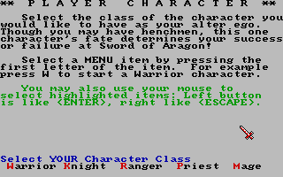 Sword of Aragon (Amiga) screenshot: Player character customization