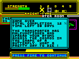 Knight Tyme (ZX Spectrum) screenshot: Game over. Next time, read memo first.