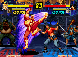 Kizuna Encounter: Super Tag Battle (Neo Geo) screenshot: After several battle minutes, Eagle attempts to hit-damage Rosa through his kickin' move Flash Wing.