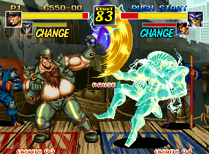 Kizuna Encounter: Super Tag Battle (Neo Geo) screenshot: King Lion's counterattack opportunity being suddenly hit-frustrated by Gordon's move Cyclone Tonfa.