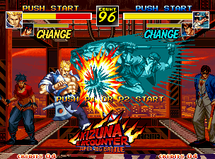 Kizuna Encounter: Super Tag Battle (Neo Geo) screenshot: Demonstration match with Chung successfully hit-damaging Eagle through his kickin' move HakukohDan.