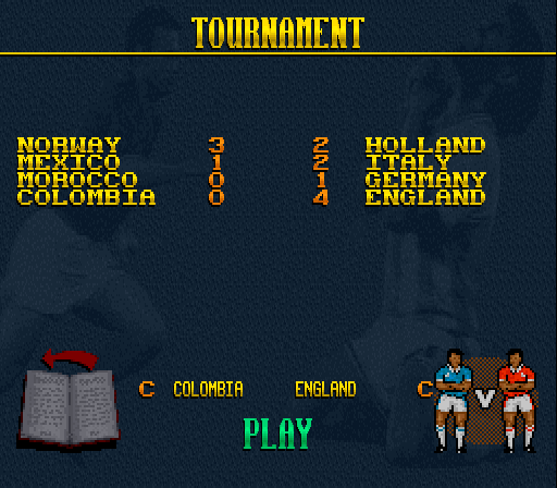 Elite Soccer (SNES) screenshot: Teams playing for the World Tournament Cup