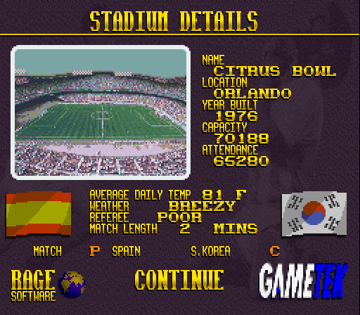 Elite Soccer (SNES) screenshot: Stadium details before a match