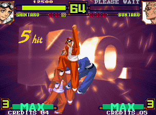 Shin Gōketsuji Ichizoku Tōkon: Matrimelee (Neo Geo) screenshot: Shintaro taking a perfect timing to connect his Stress Shot attack Lucky Novice: Buntaro was beat...