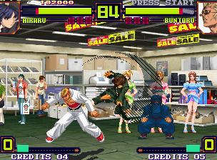 Shin Gōketsuji Ichizoku Tōkon: Matrimelee (Neo Geo) screenshot: Hikaru attempts to hit-injury Buntaro with her move Leap Crush, but he escaped from being damaged...