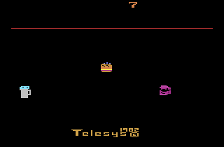 Fast Food (Atari 2600) screenshot: I need to eat as many calories as I can but watch out for purple pickles.