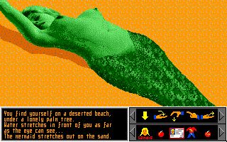 Sex Olympics (Amiga) screenshot: Mermaid stretched out on the sand