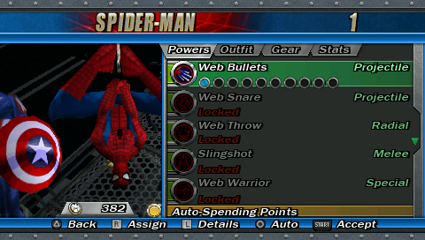 Marvel Ultimate Alliance (PSP) screenshot: Character stats and ability screen