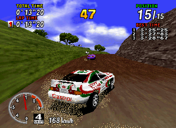 SEGA Rally Championship (SEGA Saturn) screenshot: Drifting around a corner on a mud track.