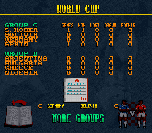 Elite Soccer (SNES) screenshot: World cup standings