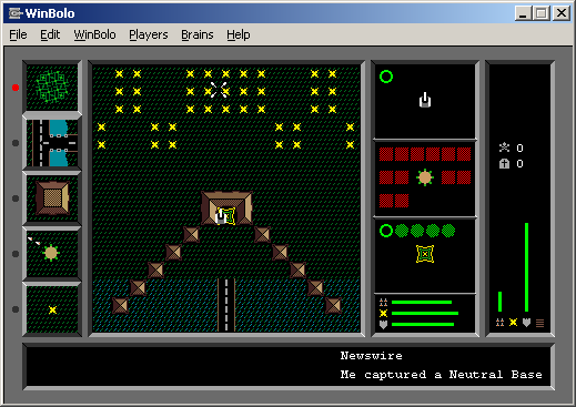 Bolo (Windows) screenshot: Loading up on armour and ammo at a base -- a minefield lies ahead.