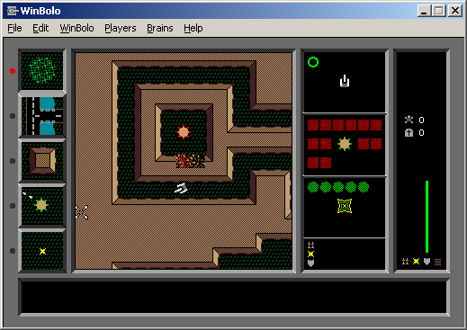 Bolo (Windows) screenshot: He can't even see me, but this pillbox knows I'm here and doesn't care how much wall it has to shoot through to get to me. Best be moving along.