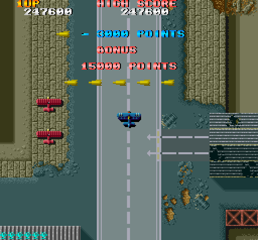 Sky Shark (FM Towns) screenshot: Stage ends at a runway where the amount of bombs you had multiply 3,000 points to the score