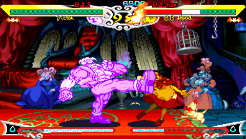 Darkstalkers Chronicle: The Chaos Tower (PSP) screenshot: Victor taking a kick at B.B. Hood