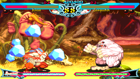 Darkstalkers Chronicle: The Chaos Tower (PSP) screenshot: An even match between Rikuo and Sasquatch
