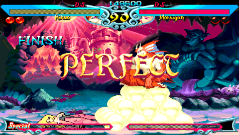 Darkstalkers Chronicle: The Chaos Tower (PSP) screenshot: Rikuo taking a perfect victory against Morrigan