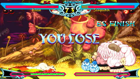 Darkstalkers Chronicle: The Chaos Tower (PSP) screenshot: You can't win 'em all. Sasquatch victorious against Rikuo