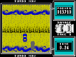 Super Stuntman (ZX Spectrum) screenshot: Level 4: The Canyon Jump. Here it is important at the right time to launch a turbo acceleration jump.