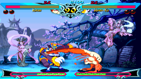 Darkstalkers Chronicle: The Chaos Tower (PSP) screenshot: Rikuo taking a kick at Hsien-ko