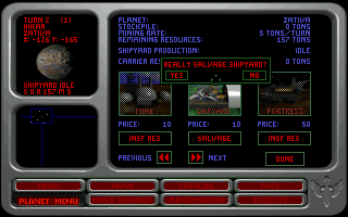 Wing Commander: Armada (DOS) screenshot: Sub-menu for building structures on the planets.