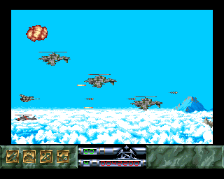 Carcharodon: White Sharks (Amiga) screenshot: Shooting a group of helicopters.