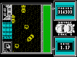 Super Stuntman (ZX Spectrum) screenshot: Level 5: City Car Chase. In the presence of mines, barbed wire tenacious, narrow passages, blind turns and a lot of contenders.It will not be easy.