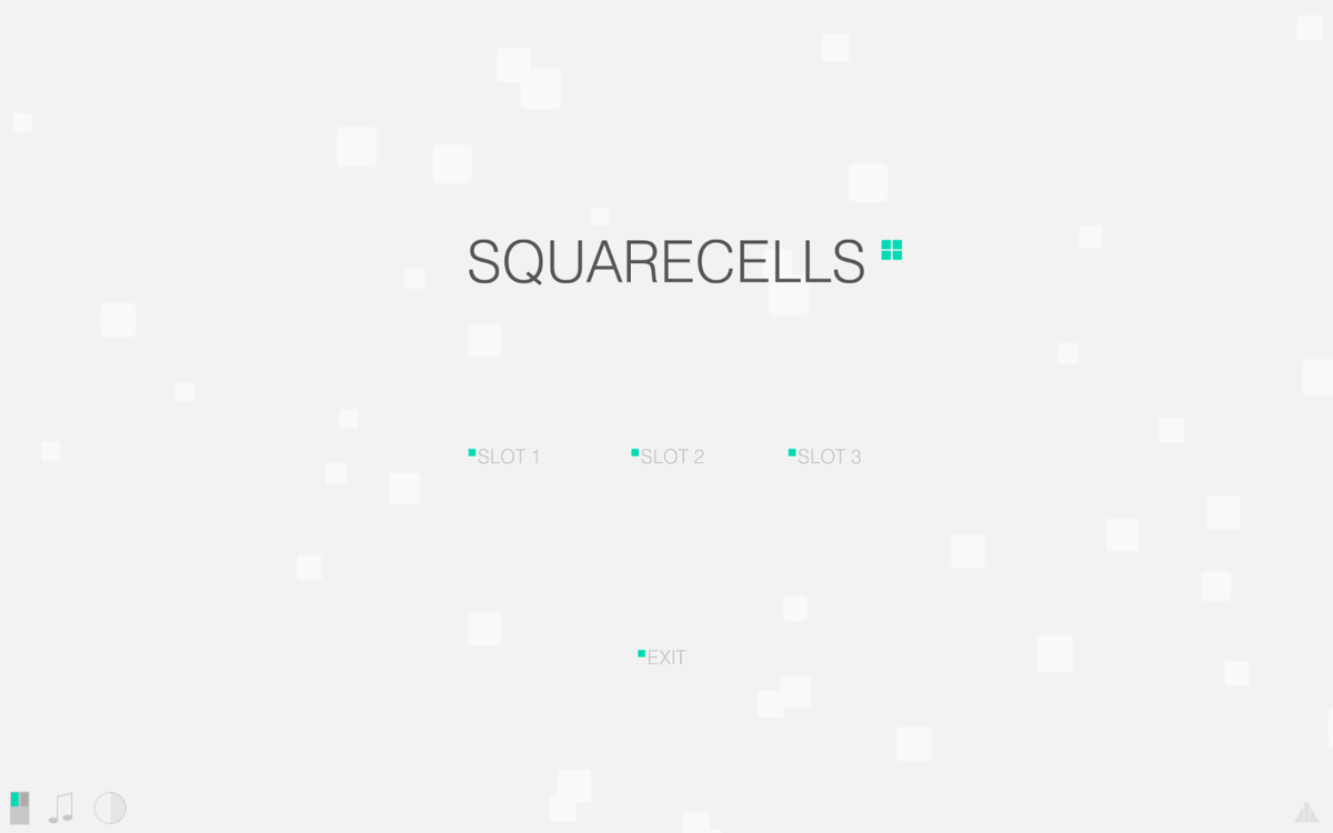 SquareCells (Windows) screenshot: Title screen and main menu with three profiles to play the game.
