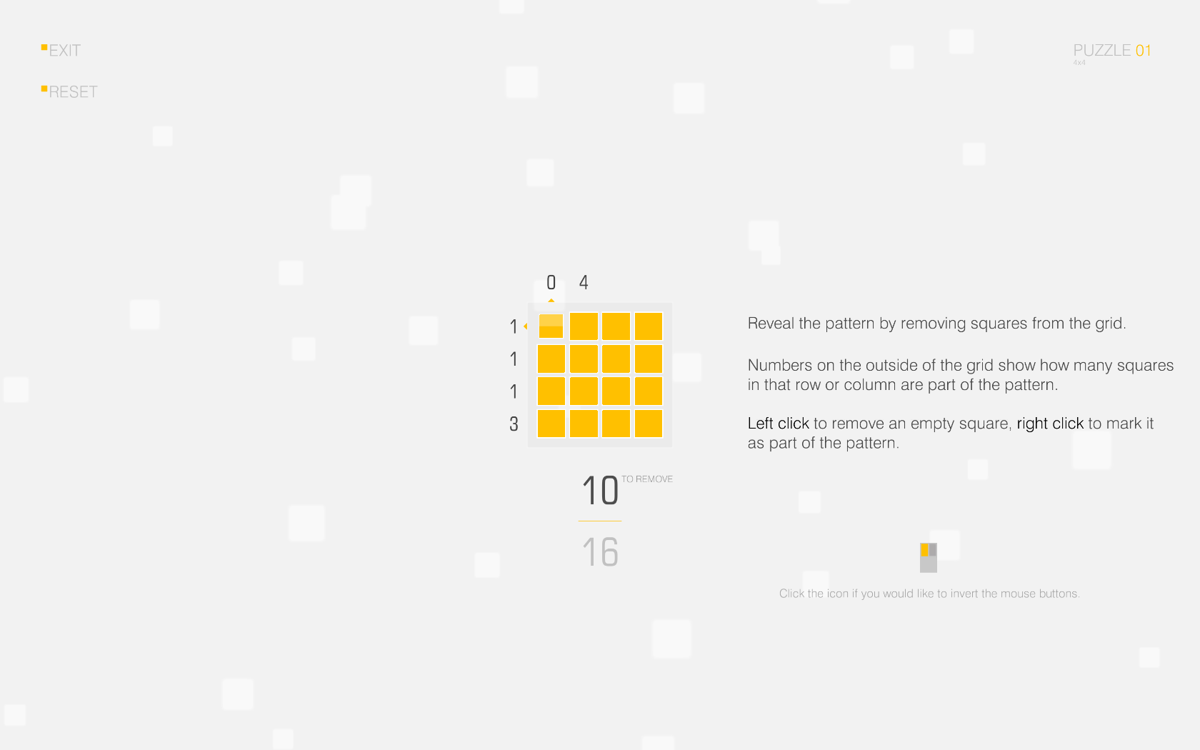 SquareCells (Windows) screenshot: The earliest puzzles also offer some guidance.