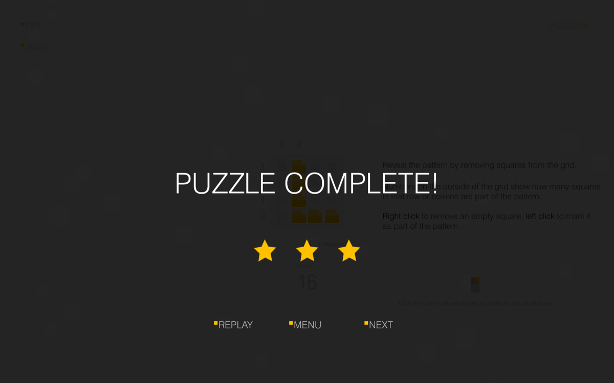 SquareCells (Windows) screenshot: Puzzle complete with no mistakes: three stars