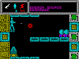 TUJAD (ZX Spectrum) screenshot: Firing at a <i>Securinuke</i> type guard.