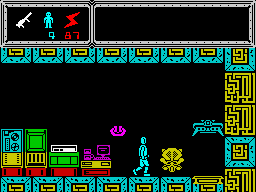 TUJAD (ZX Spectrum) screenshot: An <i>Auto Patrol IV</i> guard and a teleportation portal.