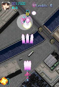 Storm Blade (Arcade) screenshot: Note the regular power-up (P) and extra bomb (B)