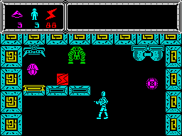 TUJAD (ZX Spectrum) screenshot: One type of an <i>Auto Patrol IV</i> guard and a teleporter. Only one type of weaponry can destroy it. A unit of energy at the left will recharge the droid in 100%.