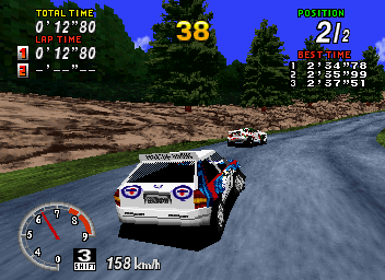 SEGA Rally Championship (SEGA Saturn) screenshot: When racing in Practice mode, both, your and your opponent's cars are well textured.