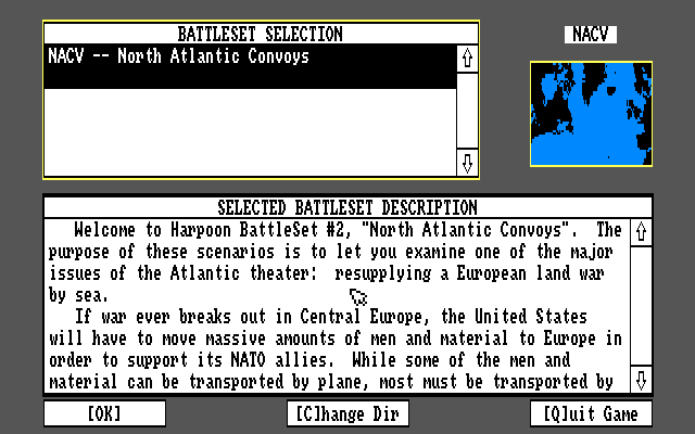 Harpoon BattleSet 2: North Atlantic Convoys (Amiga) screenshot: Battleset 2 scenario selection
