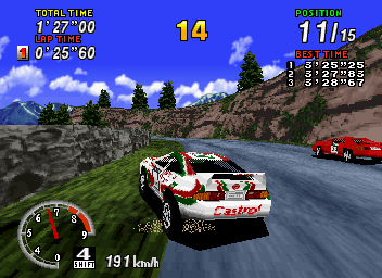 SEGA Rally Championship (SEGA Saturn) screenshot: In championship mode, however, the opponents are nearly flat-shaded.